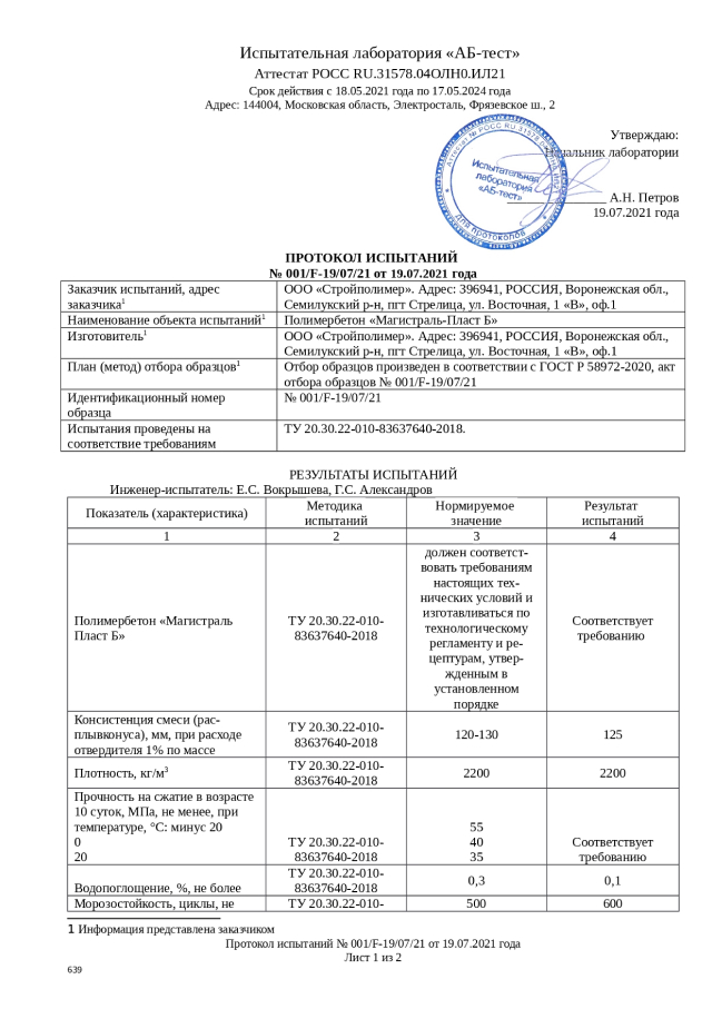 Протокол испытаний (лист 1) — № 001/F-19/07/21 от 19.07.2021 года