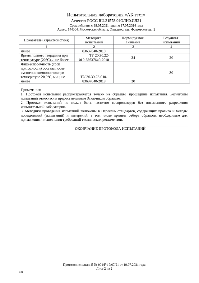 Протокол испытаний (лист 2) — № 001/F-19/07/21 от 19.07.2021 года